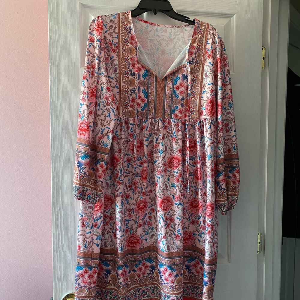 Red and Pink Long Sleeve Scoop Neck Sundress